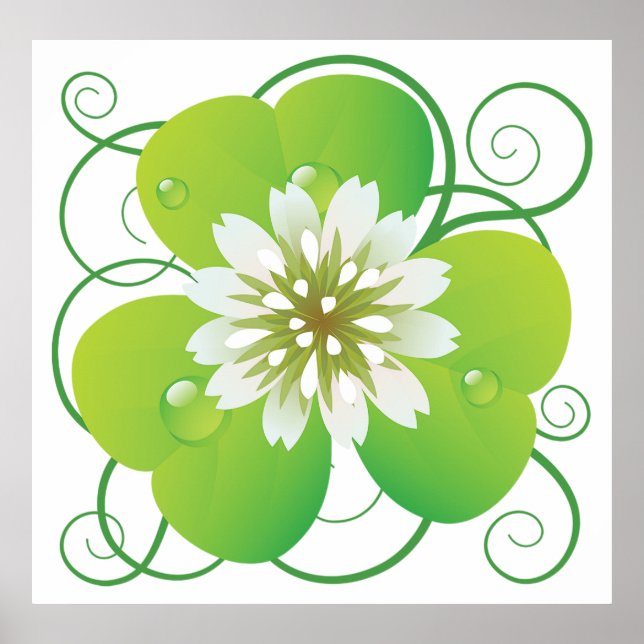 Póster Green Four Leaf Clover with White Floral Bloom (Frente)