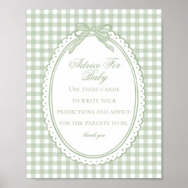 Póster Green Gingham Coquette Bow Advice for Baby Shower