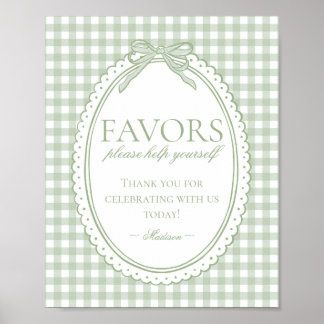 Póster Green Gingham Coquette Bow Favors Sign