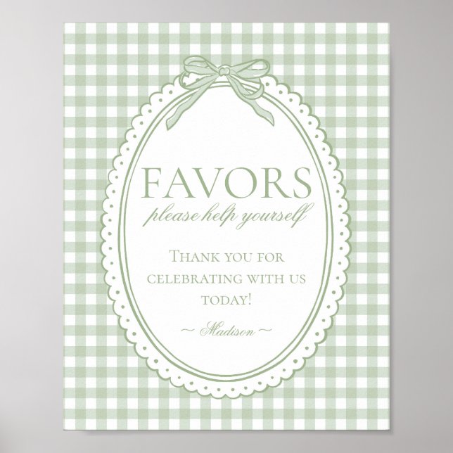 Póster Green Gingham Coquette Bow Favors Sign (Frente)