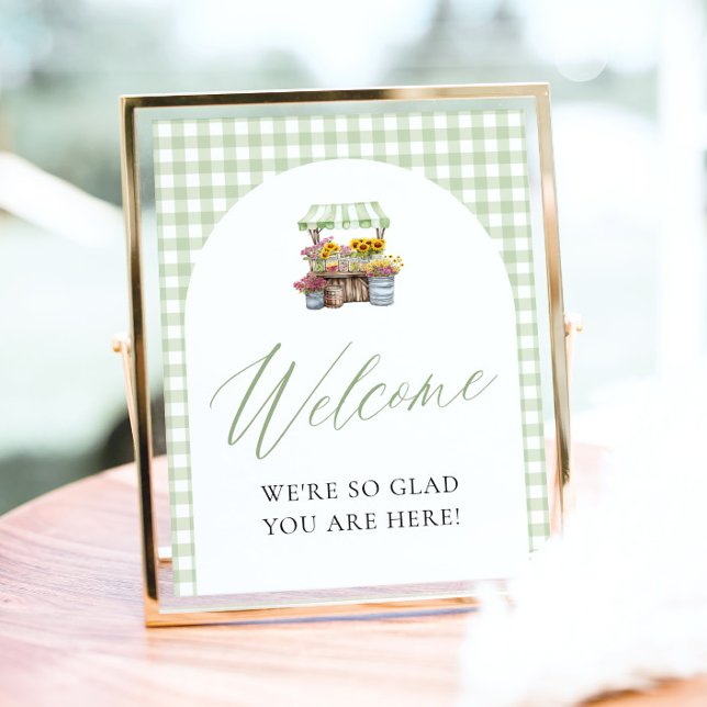 Póster Green Gingham Fresh Off Market Welcome Sign (Sage Green Gingham Fresh Off The Market Welcome Sign)