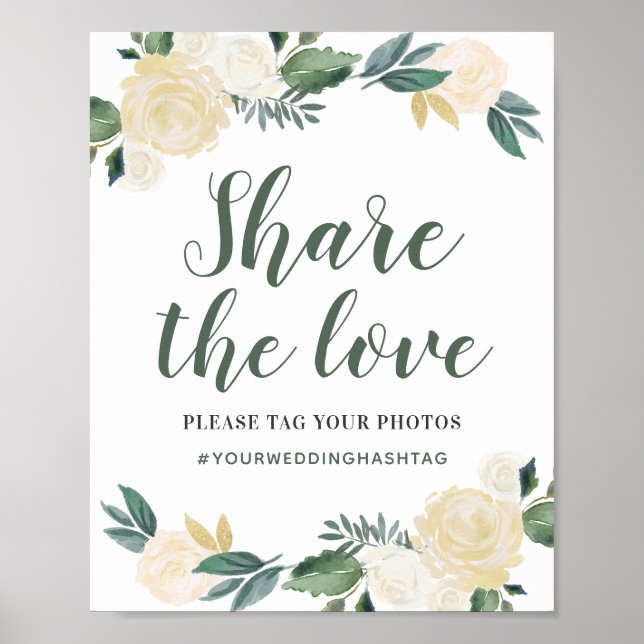 Póster Green Gold Floral Greenery Wedding Share the Love (Frente)