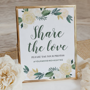 Póster Green Gold Floral Greenery Wedding Share the Love