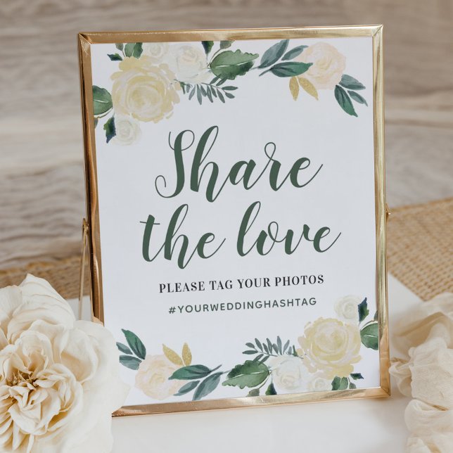 Póster Green Gold Floral Greenery Wedding Share the Love (Subido por el creador)