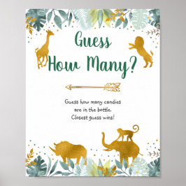 Póster Green Gold Safari adivina cuántos Rótulos de juego