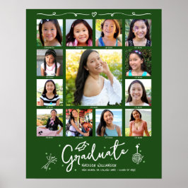 Póster Green Graduation K–12 Photo Collage White Doodles