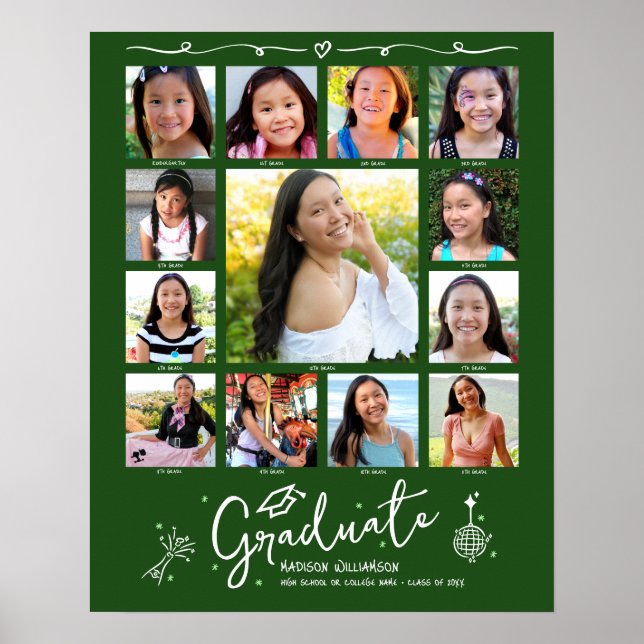 Póster Green Graduation K–12 Photo Collage White Doodles (Frente)