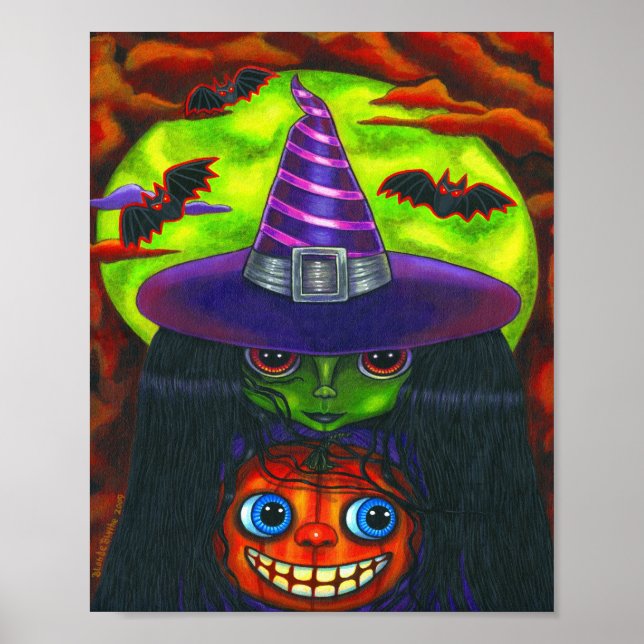 Póster Green Halloween Pumpkin Witch Big Eyes (Frente)