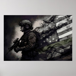 Póster Green Line American Flag Military Female Tribute