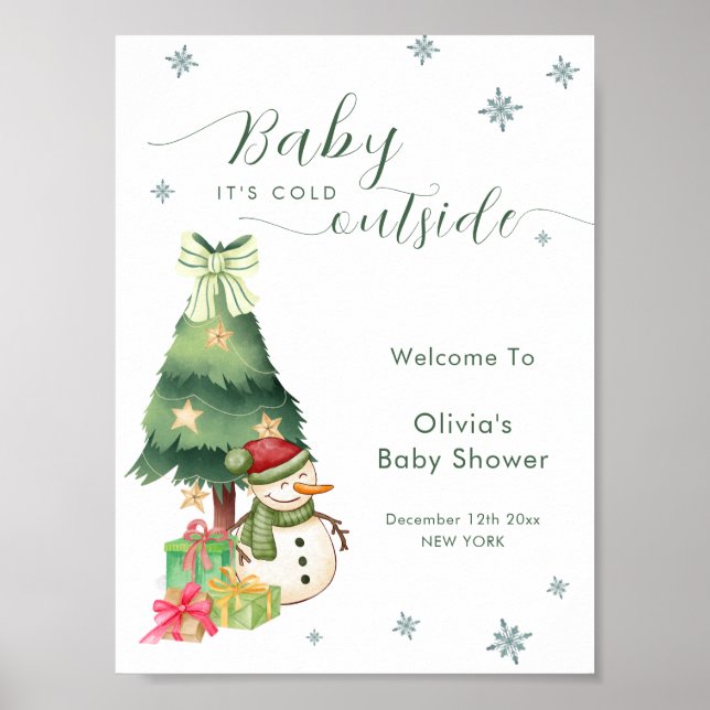 Póster Green Modern Winter Snowman Baby Shower Welcome (Frente)