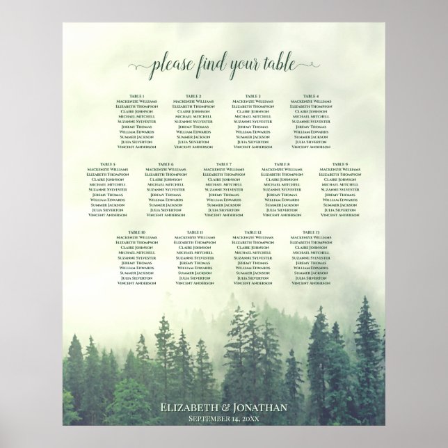 Póster Green Mountain Pine Trees 13 Table Seating Chart (Frente)