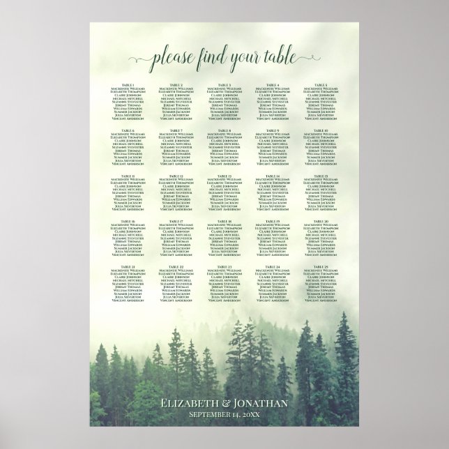 Póster Green Pine Forest 25 Table Wedding Seating Chart (Frente)
