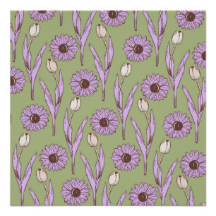 Póster Green Purple Retro Y2K Funky Hippie Flower Pattern