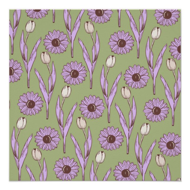 Póster Green Purple Retro Y2K Funky Hippie Flower Pattern (Anverso)