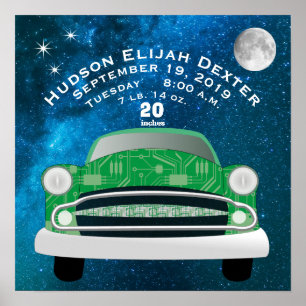 Póster Green Retro Car Baby Boys Birth Stat Birth