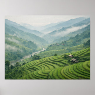 Póster Green Rice Terraces Mountain Valley Landscape