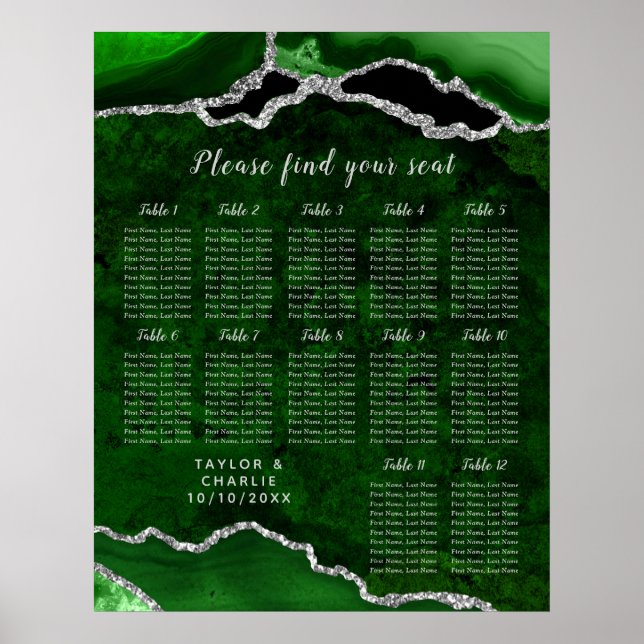 Póster Green Silver Agate Wedding Seating Chart 12 Table (Frente)