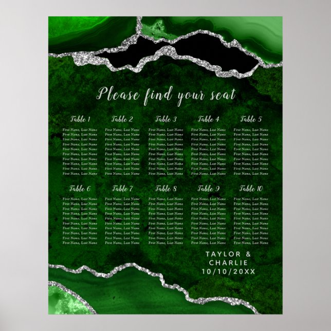 Póster Green Silver Agate Wedding Seating Chart 12 Table (Frente)