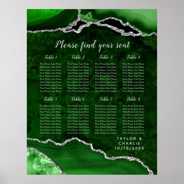 Póster Green Silver Agate Wedding Seating Chart 8 Table (Frente)