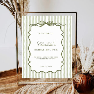 Póster Green Stripe Elegant Wedding Bridal Shower Welcome