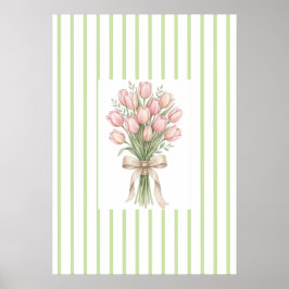 Póster Green Striped  watercolor rose Wall Art Print