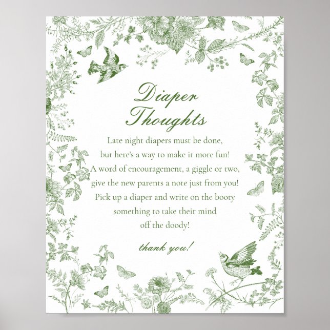 Póster Green Toile De Jouy Diaper Thoughts Baby Shower (Frente)