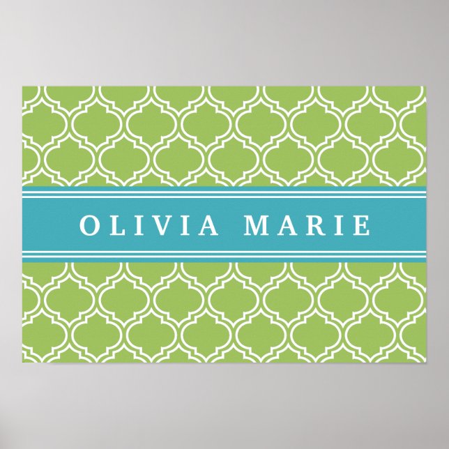 Póster Green Trellis Vibrant Blue Name Template (Frente)