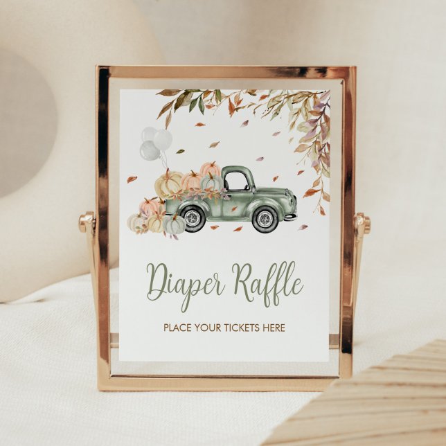 Póster Green Truck Pumpkin Diaper Raffle Baby Shower (Little Pumpkin Green Truck Baby Shower Diaper Raffle Sign)