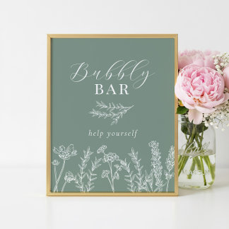 Póster Green Wildflower Bridal Shower Bubbly Bar Sign