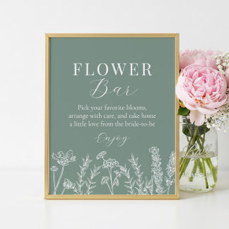 Póster Green Wildflower Bridal Shower Flower Bar Sign