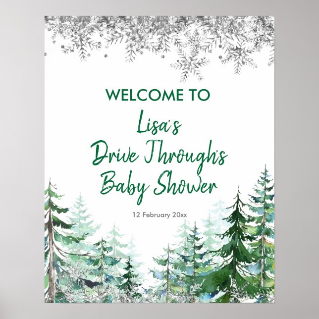Póster Green Winter Forest Drive de Baby Shower (Frente)