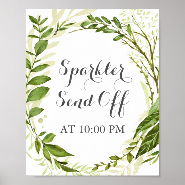 Póster Green Wreath Sparkler Send Off Sign Poster, Rustic (Frente)