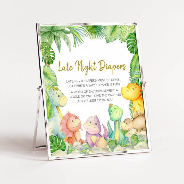 Póster GreenBoy Dinosaur Baby Diapers nocturnos tardíos (Rawr! It's a Boy Dino Baby Shower Late Night Diapers Sign)