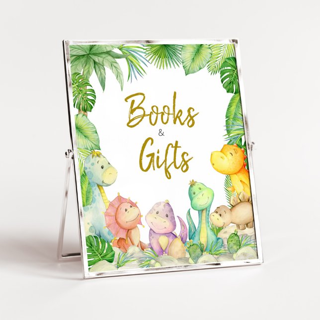 Póster GreenBoy Dinosaur Baby Shower Libros y Regalos (Rawr! It's a Boy Dino Baby Shower Books and Gifts Sign)