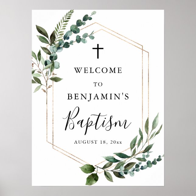 Póster Greeneration Foliage Gold Cross Baptism Bienvenido (Frente)