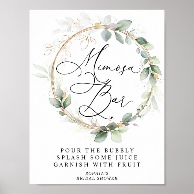 Póster Greenery and Gold Bridal Shower Mimosa Bar (Frente)