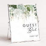 Póster Greenery and Gold Leaf Guest Book Sign<br><div class="desc">We designed this greenery and gold leaf guest book sign to complete your simple yet elegant boho reception. It features modern green and white eucalyptus leaf, fern foliage, a succulent flower, and minimal gold foil leaves. These elements give the feel of a whimsical watercolor enchanted forest, perfect for any rustic,...</div>