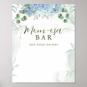 Póster Greenery Blue hidrangea Mom-osa Rótulo Baby Shower