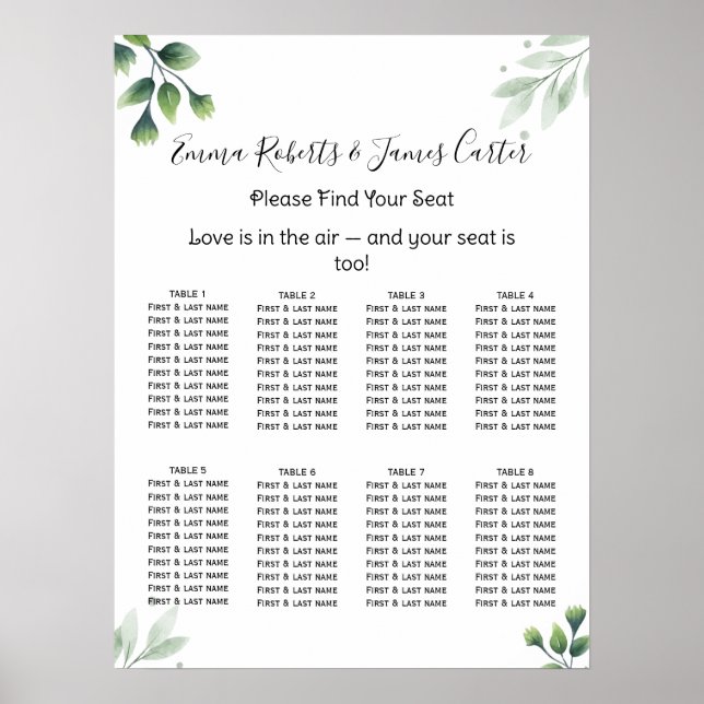 Póster Greenery Elegant Wedding Seating Chart (Frente)