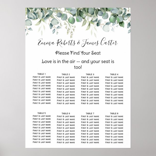 Póster Greenery Elegant Wedding Seating Chart (Frente)