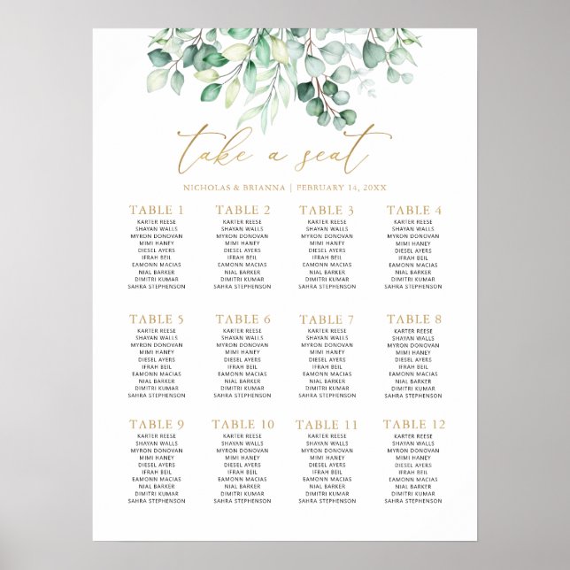 Póster Greenery Eucalyptus Boda Gold 12 Asientos de mesa (Frente)
