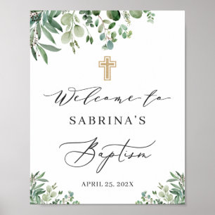 Póster Greenery Eucalyptus Leaves Baptism Welcome Sign