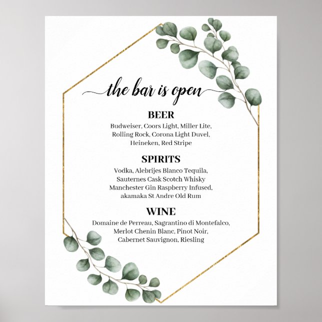 Póster Greenery Eucalyptus Purpurina Boda Bar Rótulo Menú (Frente)