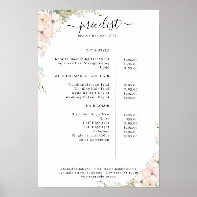 Póster Greenery Floral Salon Price List Poster (Frente)