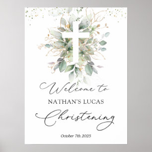 Póster Greenery Foliage Cross Baby Christening Poster