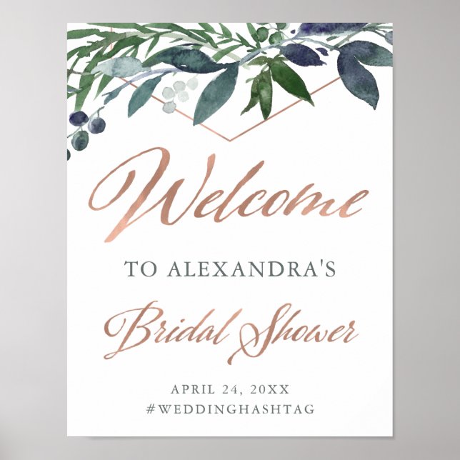 Póster Greenery Geo | Rose Gold Bridal Shower Welcome (Frente)