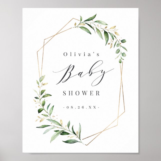 Póster Greenery Gold Geometric Rustic Baby Shower (Frente)