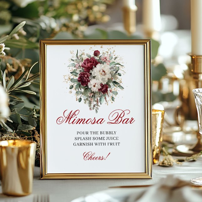 Póster Greenery Gold Mimosa Bar Rubor Borgoña Letrero 8x1 (Greenery Gold Mimosa Bar Blush Burgundy 8x10 Sign)