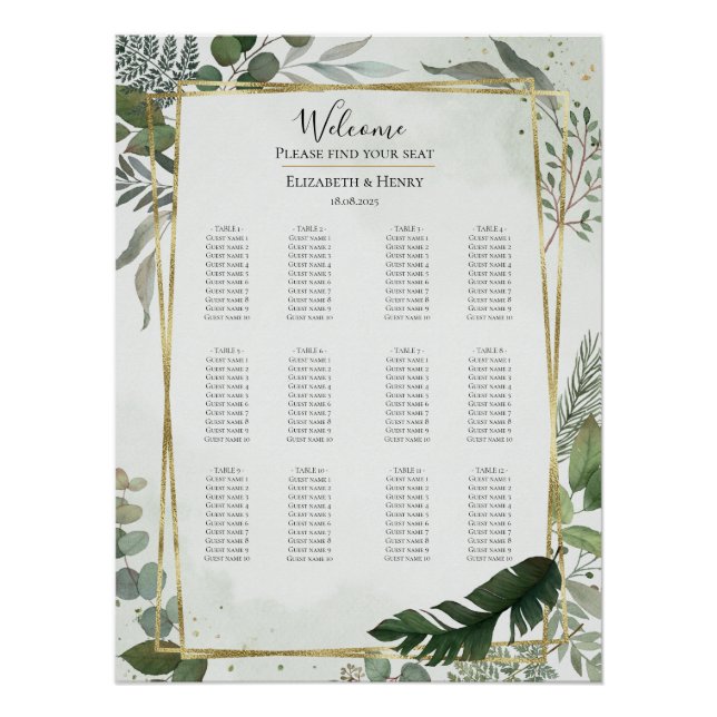 Póster Greenery gold watercolour wedding seating chart (Anverso)