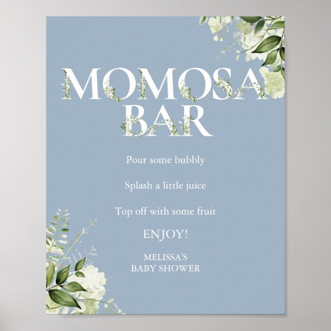 Póster Greenery Momosa Bar Dusty Blue Baby Shower (Frente)